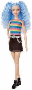 Barbie Fashionistas Doll with Long Blue Crimped Hair, Star Face Makeup, Multi-Color Striped Tee, Denim Skirt, Black Boots & Silvery Chain Belt, Toy for Kids 3 to 8 Years Old