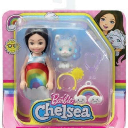 Barbie Chelsea Doll, 6-Inch Brunette Doll with Sun Headband, Rainbow Outfit, Pet Kitten, Charm Keychain & Accessories