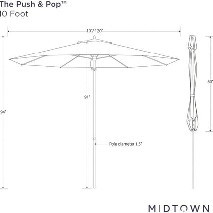 The Wooden 10 Feet Outdoor Umbrella With Terylast Midtown Stripes (Purple/White Stripes) Polyester Fabric - Aluminum Frame Patio Umbrella With Push System For Deck, Garden, Pool - Wooden Pole