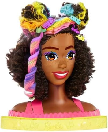 Barbie Totally Hair Styling Doll Head & 20+ Accessories, Color Reveal & Color-Change Pieces, Curly Brown Neon Rainbow Hair