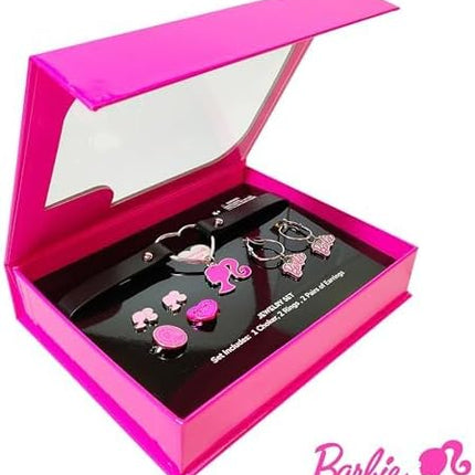LUV HER Barbie themed 2-Piece Adjustable Ring Set, a pair of stud and hoop earrings, and a choker for Girls - Barbie Themed Charms, Universally Fitting & Stylish Gifts - Ages 4+