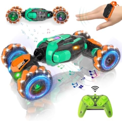 RC Gesture Sensing Stunt Car, 360° Rotating 4WD Remote Control Transform Remote & Hand Car, Remote & Hand, Double-Sided Driving with Lights & Music,Birthday Drift Toy Gift for Kids Age 7 8 10 12 Year