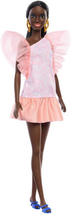 Barbie Fashionistas Doll #216 with Tall Body & Black Hair in Low Ponytail in Pink & Peach Party Dress, 65th Anniversary Collectible Toy