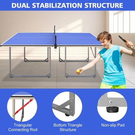 Table Tennis Table Mid-Size, Foldable Ping Pong Table Top Full Size with 2 Paddles, 2 Balls, 1 Net & 4 Wheels, Folding Table Tennis for Indoor & Outdoor, Quick Assembly to Support Multiplayer