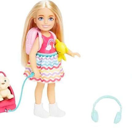 Barbie Chelsea Small Doll & 6 Accessories, Travel Set with Puppy, Pet Carrier & Backpack that Opens & Closes, Blonde Hair