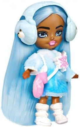 Barbie Extra Mini Minis Travel Doll with Blue Hair, Ombre Sweater Dress, Pastel Earmuffs, Snow Boots & Snow Accessories, 3.25-inch