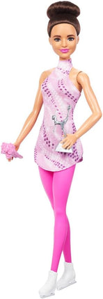 Barbie Careers Fashion Doll & Accessories, Brunette Ice Skater in Removable Pink Outfit with Ice Skates & Trophy