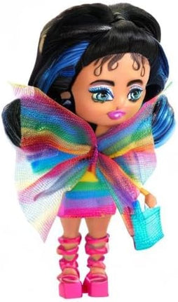 Barbie Extra Mini Minis with Blue-Streaked Black Ponytail Wearing Rainbow Dress & Accessories & Stand, 3.25-inch
