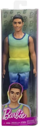 Barbie Fashionistas Ken Doll #236 with Black Hair, Wearing Blue and Green Ombre Tank with Jean Shorts and Silver Sneakers