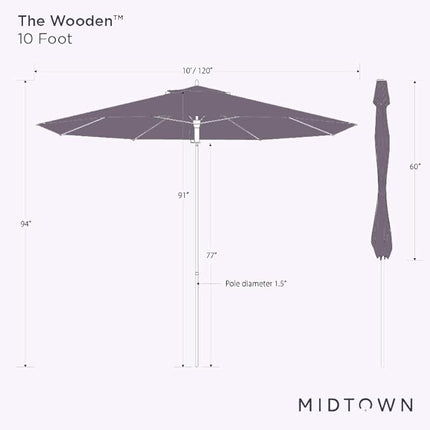 The Wooden 10 Feet Outdoor Umbrella With Terylast Midtown Stripes (Purple/White Stripes) Polyester Fabric - Aluminum Frame Patio Umbrella With Push System For Deck, Garden, Pool - Wooden Pole