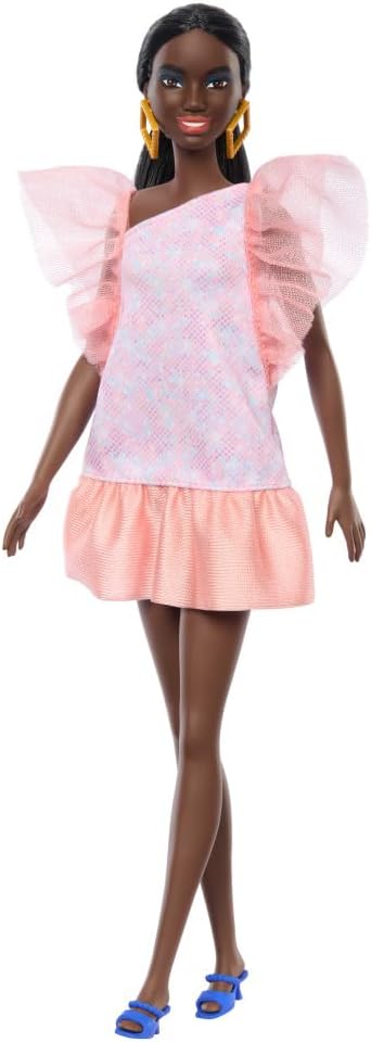 Barbie Fashionistas Doll #216 with Tall Body & Black Hair in Low Ponytail in Pink & Peach Party Dress, 65th Anniversary Collectible Toy