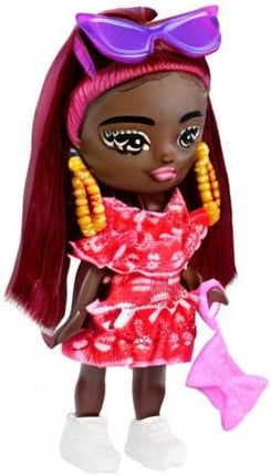 Barbie Extra Mini Minis Doll with Burgundy Hair, Red Ruffle Dress, Sunglasses & Accessories & Stand, 3.25-inch