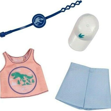 Barbie Doll Clothes Inspired by Jurassic World: Dominion, Complete Look with 2 Accessories, Pink Sleeveless Crop Top with Dinosaur Graphic & Blue Shorts, Fanny Pack & Hat, Gift for Kids 3 to 8 Years
