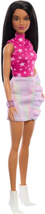 Barbie Fashionistas Doll #215 with Black Straight Hair, Pink Star-Print Top & Iridescent Skirt, 65th Anniversary Collectible Toy
