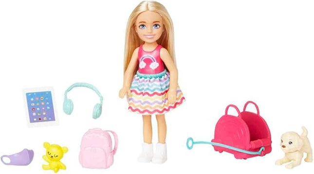 Barbie Chelsea Small Doll & 6 Accessories, Travel Set with Puppy, Pet Carrier & Backpack that Opens & Closes, Blonde Hair