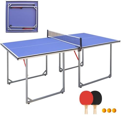 Table Tennis Table Mid-Size, Foldable Ping Pong Table Top Full Size with 2 Paddles, 2 Balls, 1 Net & 4 Wheels, Folding Table Tennis for Indoor & Outdoor, Quick Assembly to Support Multiplayer