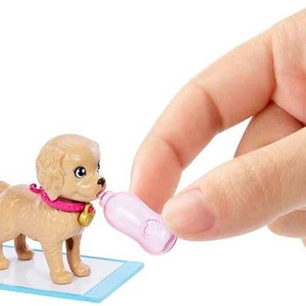 Barbie Pup Adoption Doll & Accessories Set with Color-Change, 2 Pets, Carrier & 10 Accessories, Brunette in Purple Dress