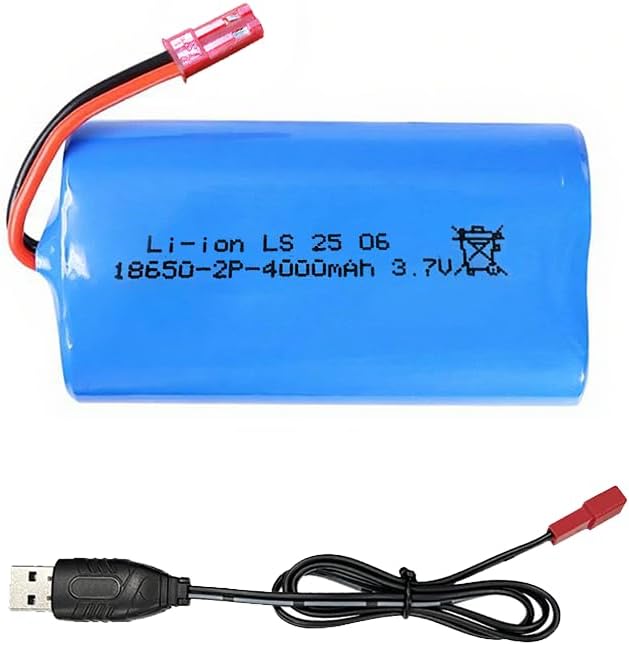 3.7 Volt Rechargeable Battery 4000mah, 18650 Batteries with JST Connector, and USB Charger Cable for Flashlights, Remote Control Cars, Bluetooth Speakers, LED Flashlights