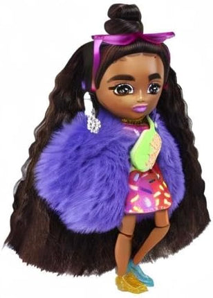 Barbie Extra Minis Doll #1 (5.5 in) Wearing Sprinkle-Printed Dress & Furry Coat with Doll Stand & Accessories Including Micro Sunglasses and Waist Bag, Gift for Kids 3 Years Old & Up