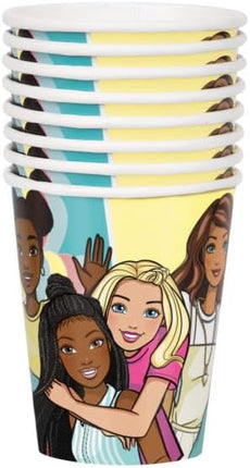 Unique Barbie Birthday Party Supplies Bundle includes 16 Party Paper Cups and 1 Dinosaur Sticker Sheet