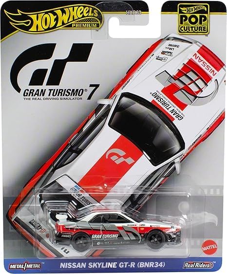 Hot Wheels Nissan Skyline GT-R BNR34 Gran Turismo Real Riders Pop Culture, 1:64 Scale Die-Cast Car Model