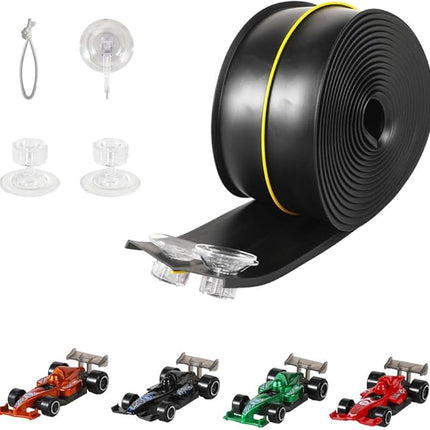 Flex Track 15 Ft Starter Set, with 4 Small Racecars，Suitable for Hot Wheels and Diecast 1/64th Cars，Long Roll-Type Portable Racing Track Suitable for Children Aged 3 and Above. (Black)