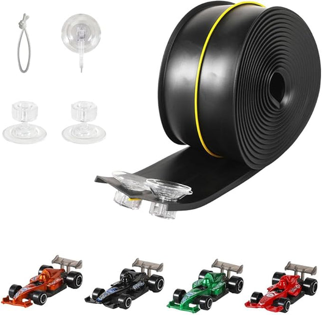 Flex Track 15 Ft Starter Set, with 4 Small Racecars，Suitable for Hot Wheels and Diecast 1/64th Cars，Long Roll-Type Portable Racing Track Suitable for Children Aged 3 and Above. (Black)
