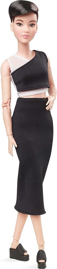 Barbie Signature Looks Doll (Petite, Brunette Pixie Cut) Fully Posable Fashion Doll Wearing Black Midi Skirt for Collectors