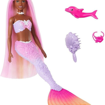 Barbie Mermaid Doll, “Brooklyn” with Pink Hair, Styling Accessories, Pet Dolphin and Water-Activated Color Change Feature, HRP98