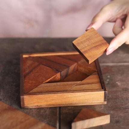 Wood Tangram - Wooden Brain Teaser Block for Kids & Adult - Wood Block Puzzle - Logic Puzzle - STEM Montessori Educational Sensory Toys for All Ages