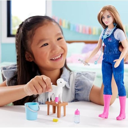 Barbie 65th Anniversary Doll & 10 Accessories, Farm Veterinarian Set with Blonde Vet Doll, Lamb with Moving Ears & More