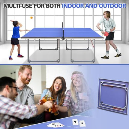 Table Tennis Table Mid-Size, Foldable Ping Pong Table Top Full Size with 2 Paddles, 2 Balls, 1 Net & 4 Wheels, Folding Table Tennis for Indoor & Outdoor, Quick Assembly to Support Multiplayer