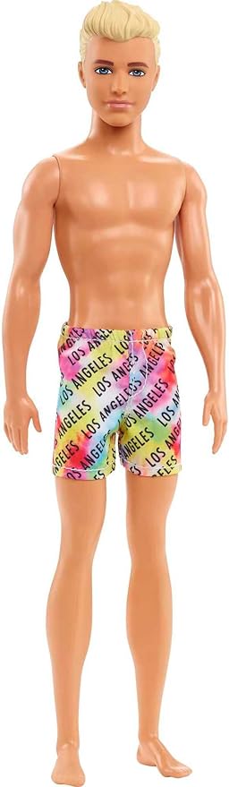 Barbie Ken Beach Doll with Blond Hair Dressed in Colorful Los Angeles-Print Swim Trunks