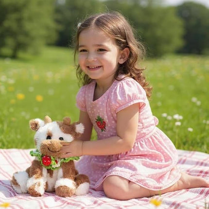 Hopearl Adorable Plush Cow Toy with Knitted Cute Strawberry Bib Floppy Dairy Cattle Soft Stuffed Animal Gifts for Boys Girls Kids Toddlers, Light Brown, 9''
