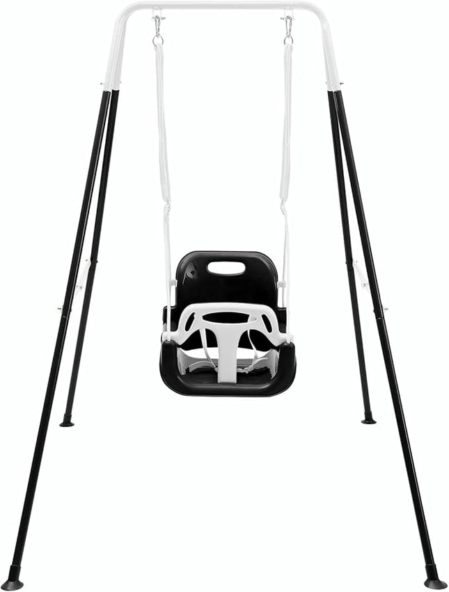 FUNLIO 3-in-1 Toddler Swing Set with 4 Sandbags, Indoor/Outdoor Baby Swing with Foldable Metal Stand, Kids Swing Set for Backyard, Clear Instructions, Easy to Assemble & Store - Black