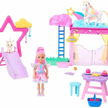 Barbie A Touch of Magic Chelsea Small Doll & Pegasus Playset with Stable, Slide, Pet Bunny 10+ Accessories, Color-Change Winged Horse Toy