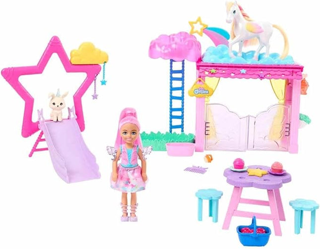 Barbie A Touch of Magic Chelsea Small Doll & Pegasus Playset with Stable, Slide, Pet Bunny 10+ Accessories, Color-Change Winged Horse Toy
