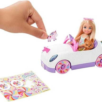 Barbie Chelsea Toy Car Set with Unicorn Theme, Blonde Small Doll in Removable Skirt, Pet Puppy, Sticker Sheet & Accessories