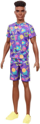 Barbie Ken Fashionistas Doll #162 with Rooted Brunette Hair Wearing Graphic Purple Top, Shorts & Yellow Shoes, Toy for Kids 3 to 8 Years Old