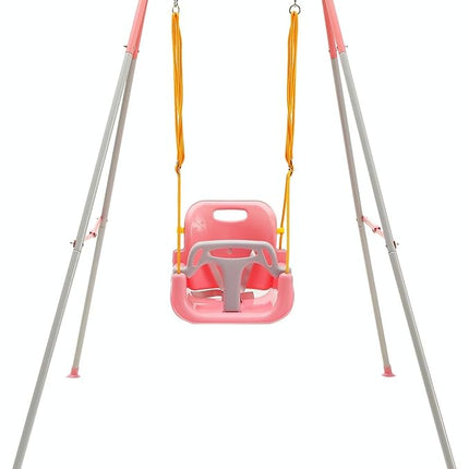 FUNLIO Toddler Swing with Foldable Metal Stand for Toddlers Aged 1~10 Years, 3-in-1 Baby Swing Set with 4 Sandbags for Backyard/Indoor/Outdoor Play, Easy to Assemble & Store, Pink