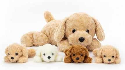 Chirpy Chums Classic Dog Family – Mommy Labradoodle with 4 Puppies – 17” Ultra-Soft Plush Stuffed Animal Toy – Zipper Belly Surprise for Cuddles, Play & Gifts – 5-Piece Puppy Set for Kids Ages 3+
