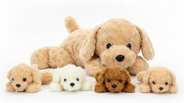 Chirpy Chums Classic Dog Family – Mommy Labradoodle with 4 Puppies – 17” Ultra-Soft Plush Stuffed Animal Toy – Zipper Belly Surprise for Cuddles, Play & Gifts – 5-Piece Puppy Set for Kids Ages 3+