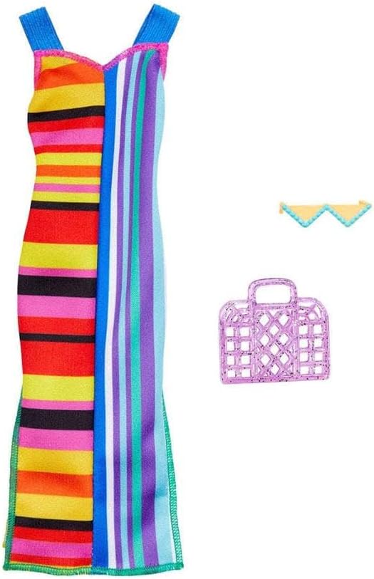 Barbie Fashion Pack of Doll Clothes, Complete Look Set with Striped Dress and Accessories