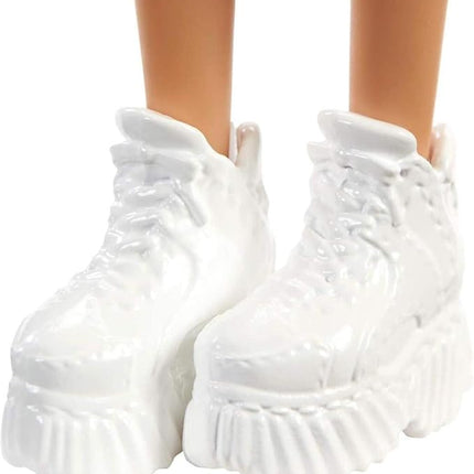 Barbie Fashionistas Doll #142 with Blonde Updo Hair Wearing Pink & Golden Plaid Dress, White Sneakers & Earrings, Toy for Kids 3 to 8 Years Old