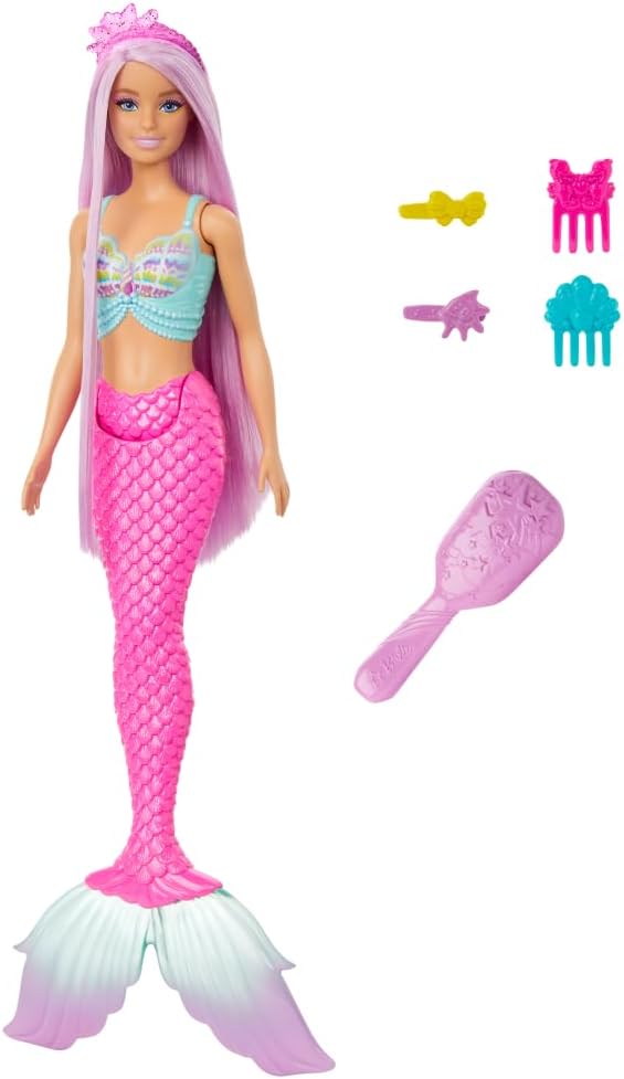 Barbie Mermaid Doll with 7-Inch-Long Pink Fantasy Hair & Colorful Accessories for Styling Play Like Headband & Barrettes