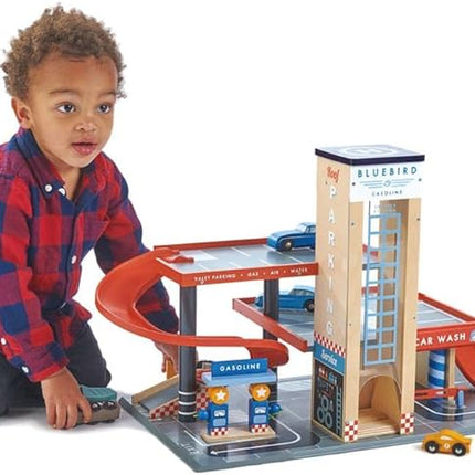 Tender Leaf Toys - Blue Bird Service Station - Classic Wooden Garage and Service Station for Cars and Helicopter with Ramps, Petrol Pumps and Car Wash Center - Imaginary and Roleplay for Children 3+