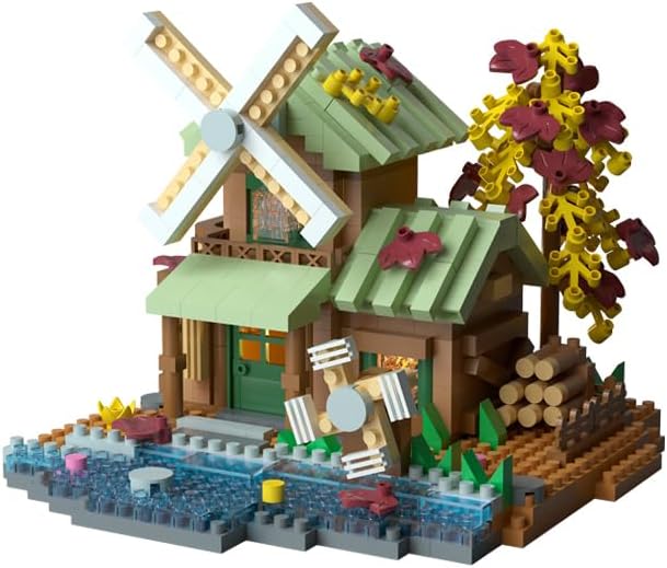 Windmill Mini Wood Cabin Micro Building Set with LED Light Wooden Forest House Block Toy with Tree Log Stem Houses Construction Model for Adults Teens Birthday Gift