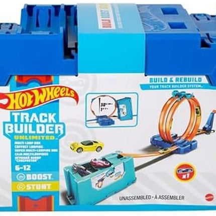 Hot Wheels Toy Car Track Set, Track Builder Multi Loop Box Playset & 1:64 Scale Car, 10 Feet of Components & Connectors to Create Builds, Storage