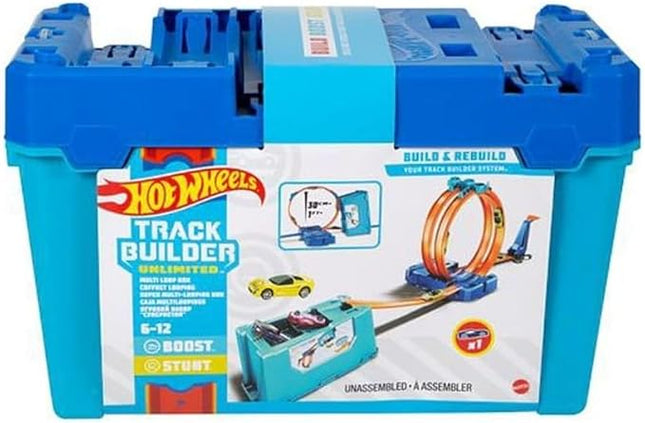 Hot Wheels Toy Car Track Set, Track Builder Multi Loop Box Playset & 1:64 Scale Car, 10 Feet of Components & Connectors to Create Builds, Storage