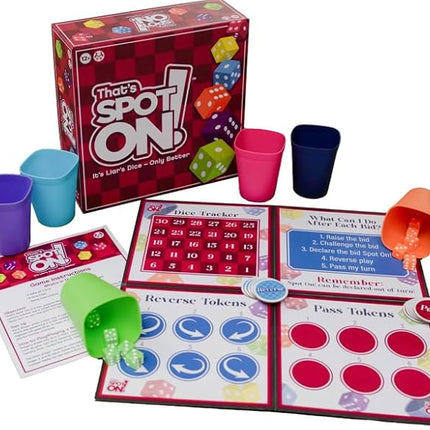 That's Spot On! Best Bluffing Strategy Game - Board, 6 Cups, 12 Tokens, 30 Dice – 2 to 6 Players, Ages 12+, Family Fun or Game Nights with Friends